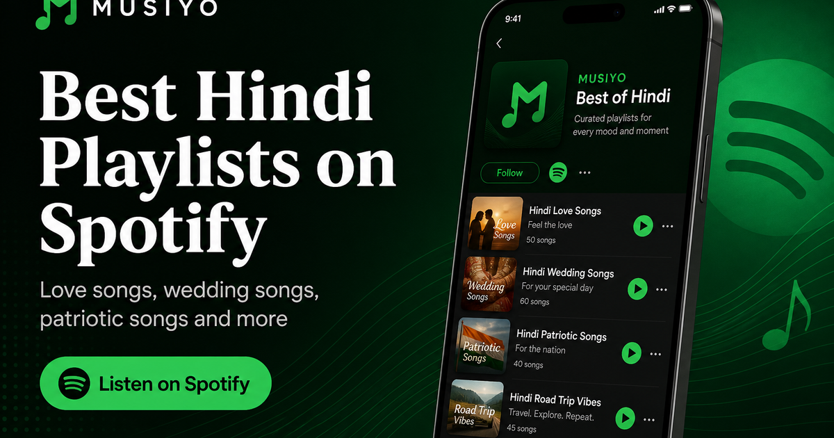 Social sharing image for Musiyo | Curated Hindi & Bollywood Playlists on Spotify