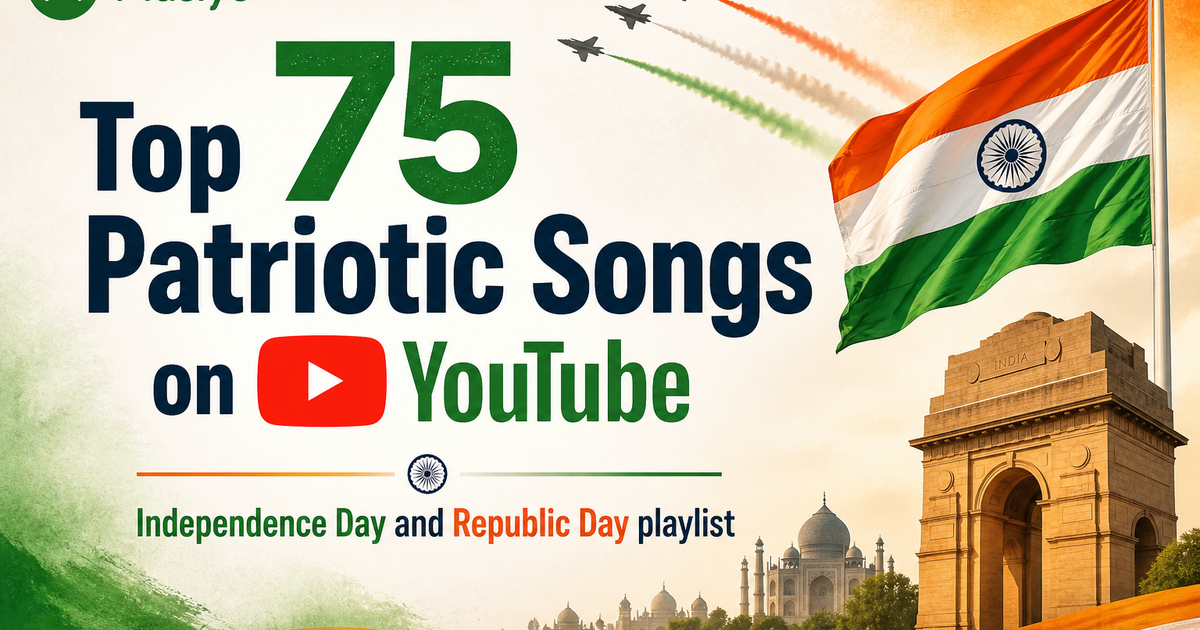 Social sharing image for Top 75 Patriotic Songs India for Independence Day (15 Aug Special) & Republic Day Playlist on YouTube | Musiyo