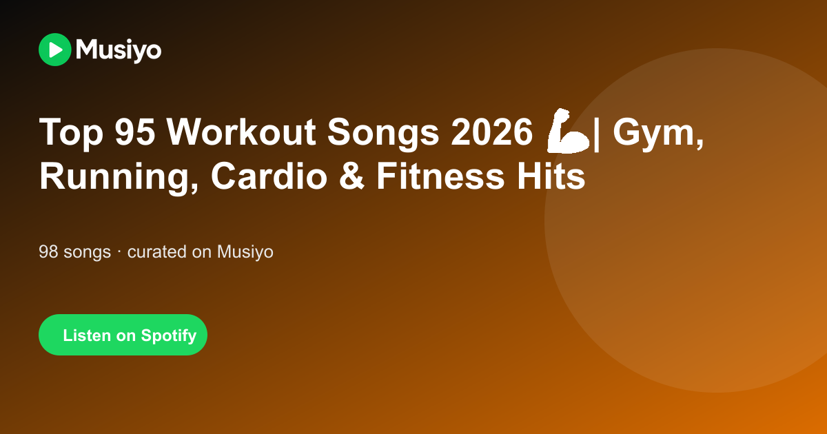 Social sharing image for Top 95 Workout Songs 2026 💪 | Gym, Running, Cardio & Fitness Hits Playlist on Spotify | Musiyo